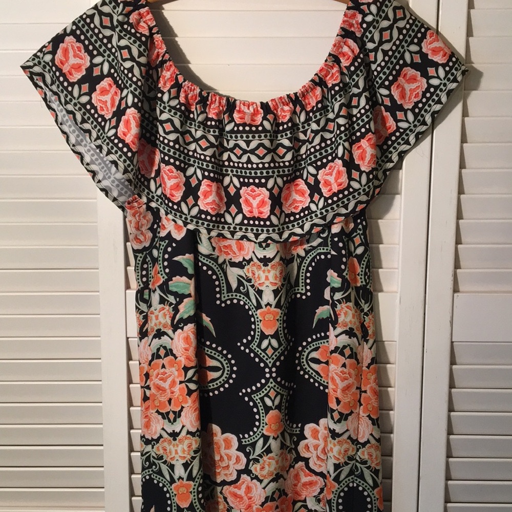 Off Shoulder Black Floral Midi Dress SZ S